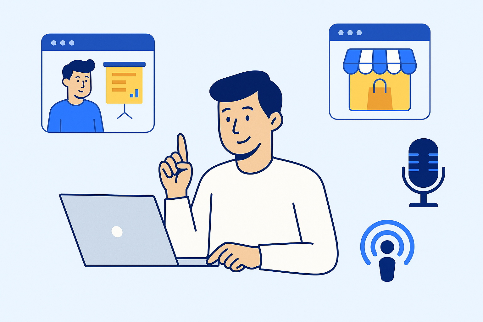Illustration montrant un créateur de contenu entouré d’icônes représentant la formation, le e-commerce et les podcasts pour illustrer les voies de diversification.