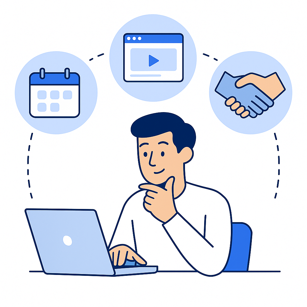 Illustration montrant un créateur de contenu travaillant sereinement sur son ordinateur, entouré d’icônes représentant la planification, la vidéo et la collaboration.