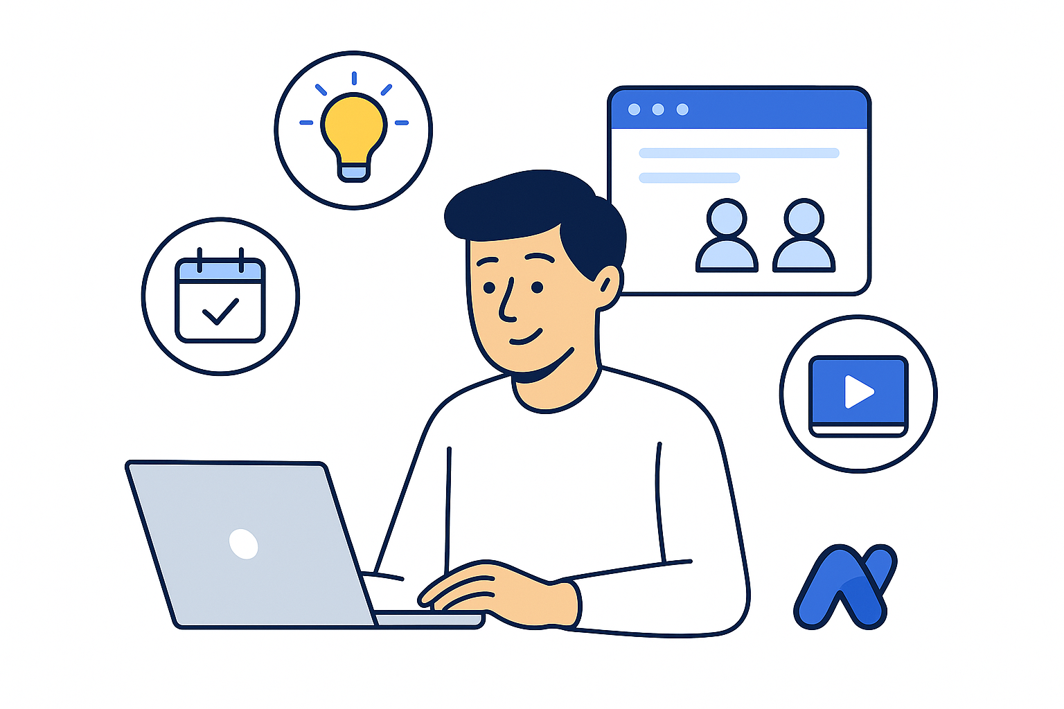 Illustration d’un créateur de contenu souriant devant son ordinateur, entouré d’icônes symbolisant la planification, l’inspiration et la vidéo.