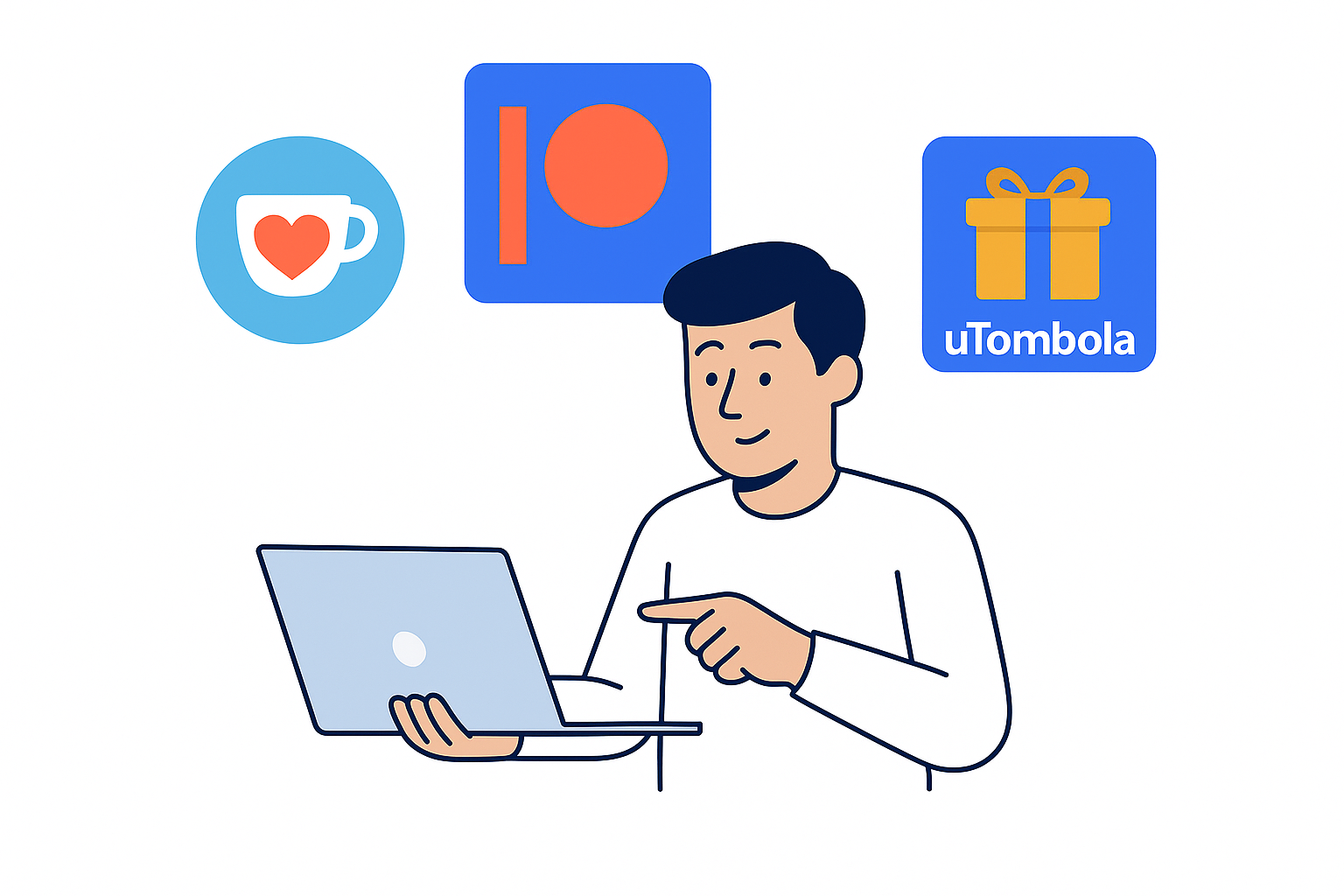 Illustration d’un créateur souriant à son ordinateur, entouré des logos de Ko-fi, Patreon et uTombola, représentant des solutions de monétisation créateur.